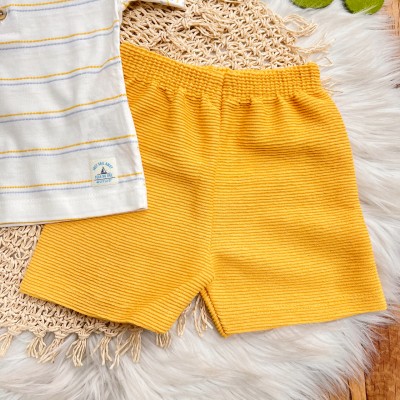 Conj. Camiseta Listrada com Botões e Bermuda - Laranja e Azul 